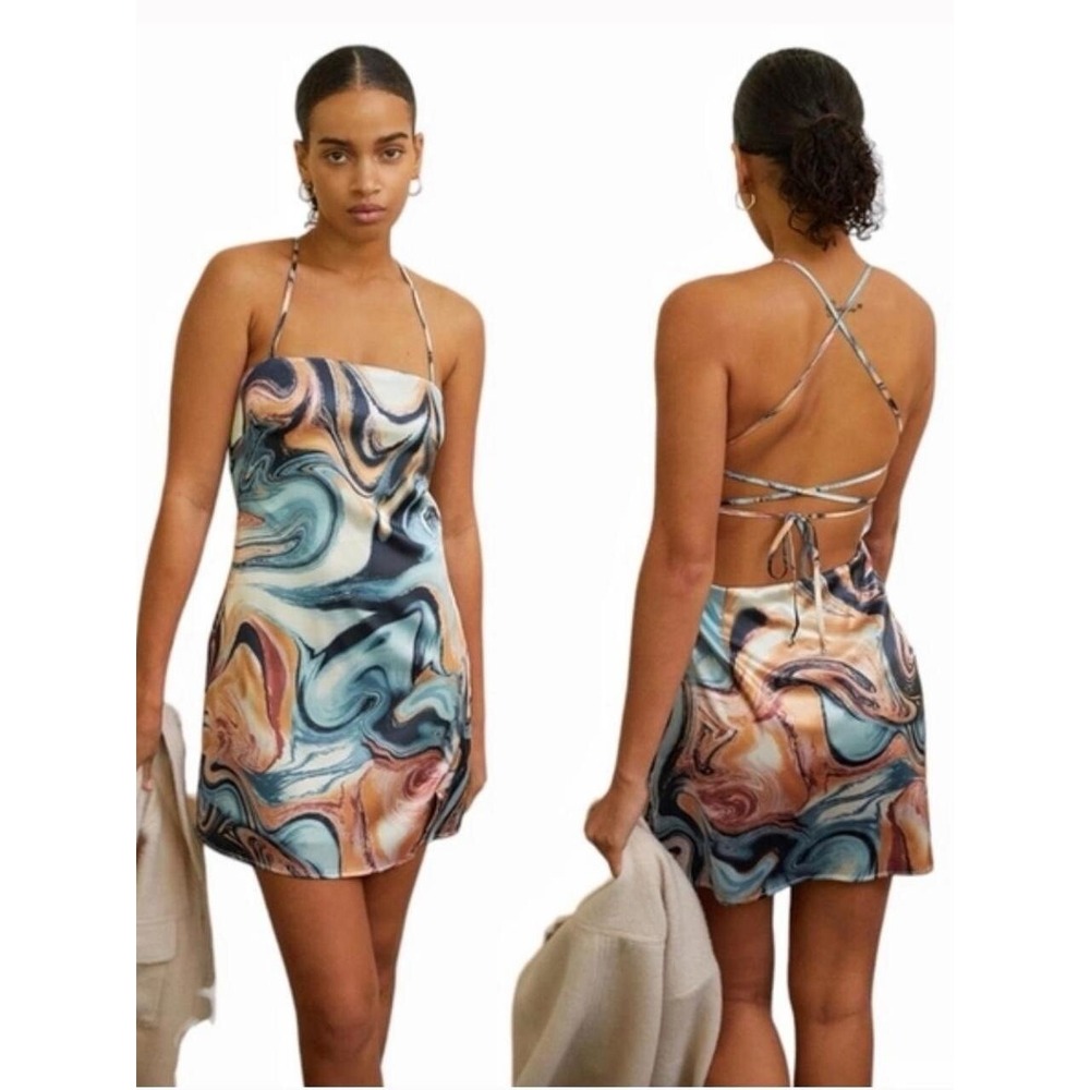 Kendall & Kylie Marble Swirl Strappy Mini Dress — Blue, Teal, Peach